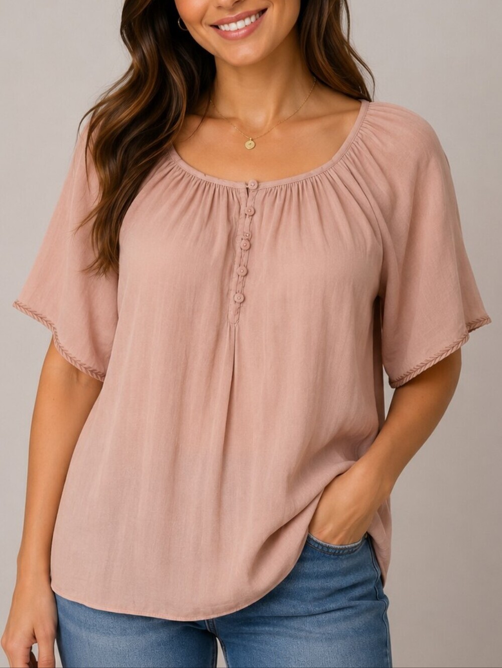 JOIE Dusty Rose Gathered Scoop Neck Short Sleeve Top